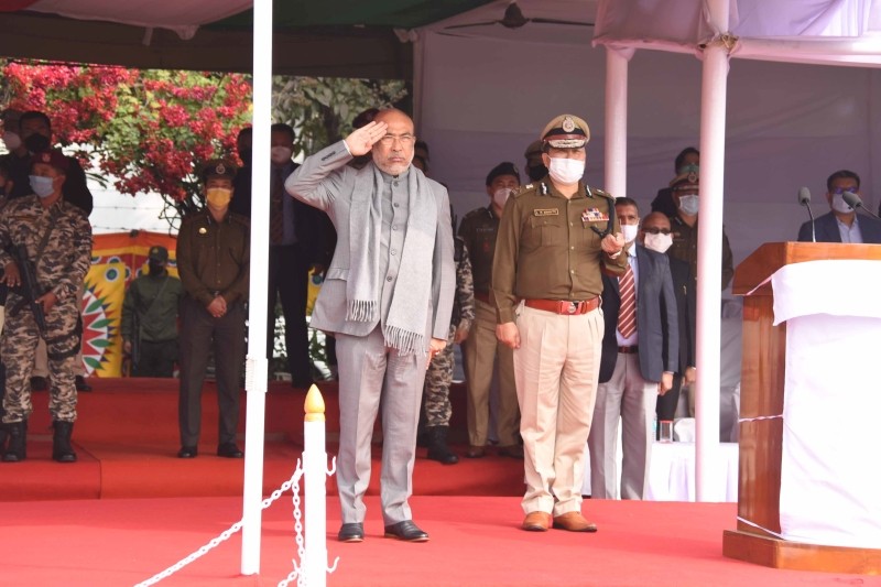 Manipur Chief Minister N Biren Singh taking the salute from the march past contingent during the Statehood Day Celebration January 21. 