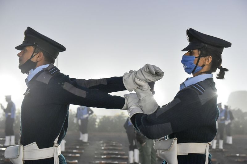 New Delhi: Indian Navy contingent practices during the rehearsals for Republic Day Parade 2021, at Rajpath in New Delhi, Sunday, Jan. 17, 2021. (PTI Photo/Arun Sharma)