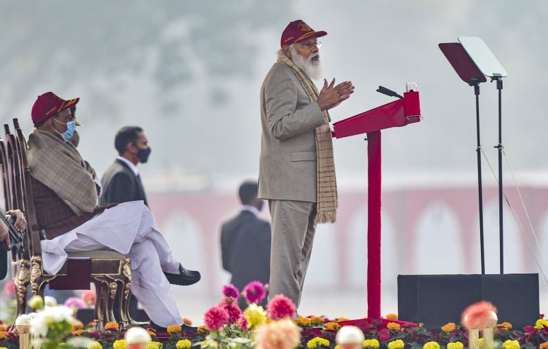 New Delhi: Prime Minister Narendra Modi speaks during Prime Minister's NCC rally, at Cariappa Parade Ground in New Delhi, Thursday, Jan. 28, 2021. (PTI Photo/Vijay Verma)