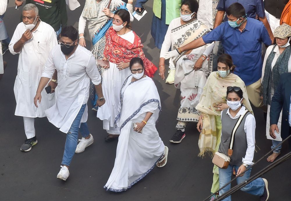 Kolkata: West Bengal Chief Minister Mamata Banerjee participates in a rally to celebrate the birth anniversary of Netaji Subhas Chandra Bose, in Kolkata, Saturday, Jan. 23, 2021. (PTI Photo/Swapan Mahapatra)