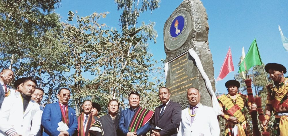 Youth Resources & Sports Advisor Er Zale Neikha and others after unveiling platinum jubilee monolith at Viswema on January 29. (Morung Photo)