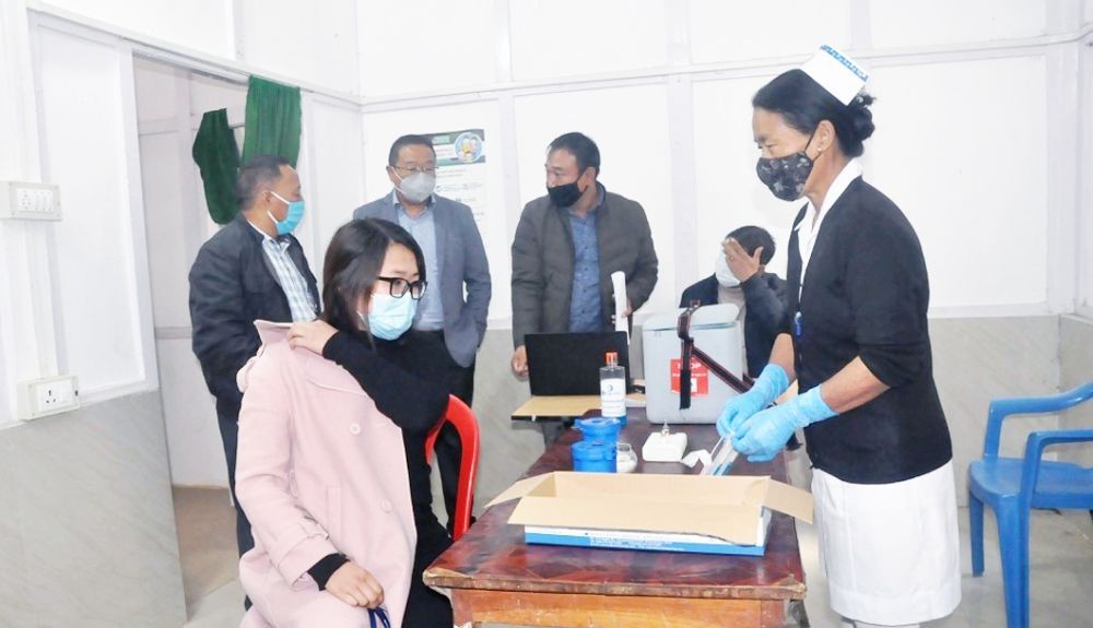 A participant at the second COVID-19 vaccination dry run conducted by Wokha District COVID-19 Immunisation Committee (WDCC) on January 8. Nagaland State joined the second phase of the nationwide COVID-19 vaccination dry run held on January 8. (DIPR Photo)