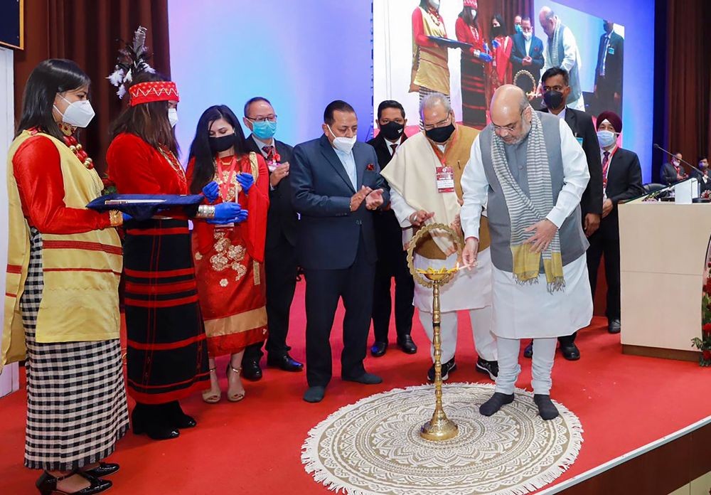 Shillong: Union Home Minister Amit Shah addresses during the 69th plenary of North Eastern Council at Shillong in Meghalaya, Saturday, Jan. 23, 2021. (PTI Photo)