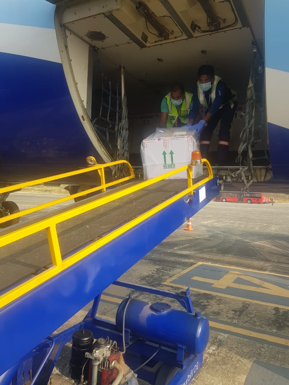 The first consignment of COVID-19 vaccine being unloaded at the Dimapur Airport on January 14. A total of 26500 doses of Covishield vaccine were delivered in the first phase. (@HealthNagaland/Twitter)