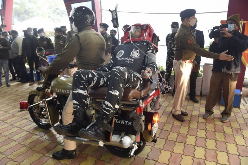 New Delhi: Security personnel carry out demonstration after CRPF and DRDO launched specially developed  bike, 'Rakshita', ambulance to attend to urgent evacuation needs of security personnel in an event of injury in naxal affected areas, in New Delhi, Monday, Jan. 18, 2021. (PTI Photo/Atul Yadav)
