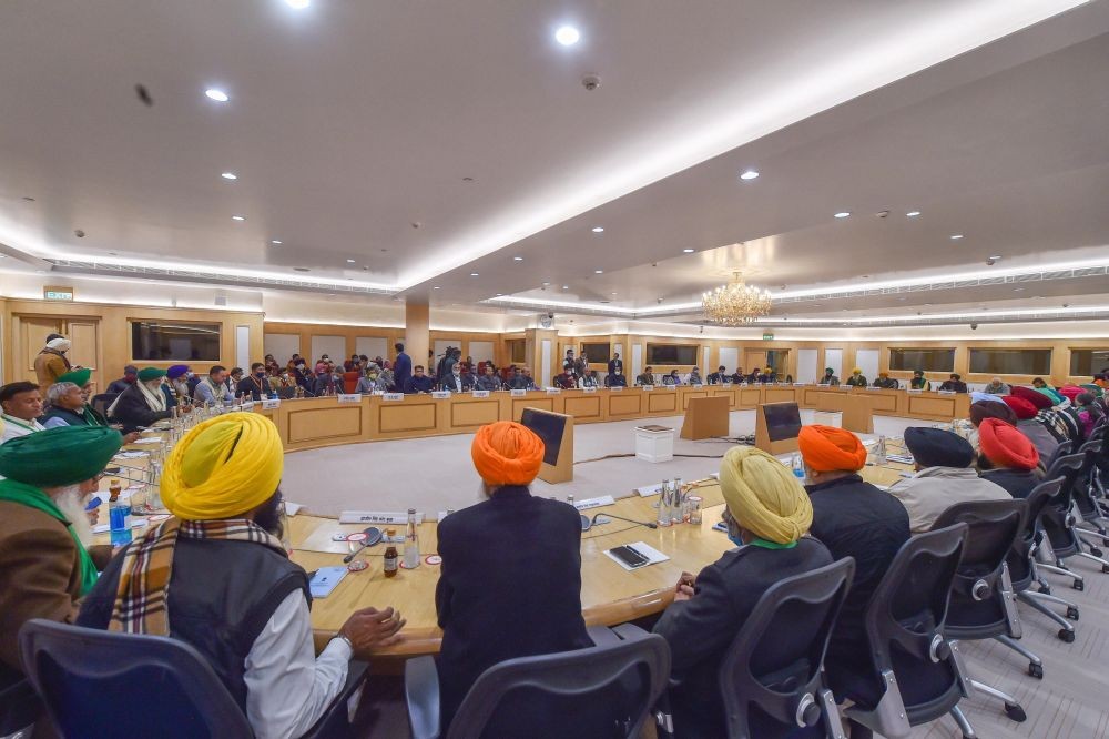 New Delhi: Farmers' representatives during the 8th round of talks with the government over the new farm laws, at Vigyan Bhawan in New Delhi, Friday, Jan. 8, 2021. (PTI Photo/Manvender Vashist)