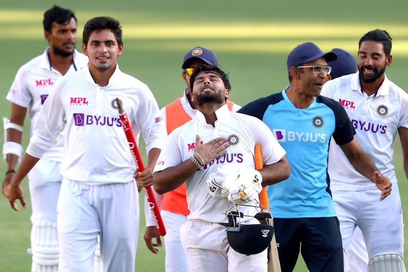 Brisbane: Indian players celebrate after defeating Australia by three wickets on the final day of the fourth cricket test match at the Gabba, Brisbane, Australia, Tuesday, Jan. 19, 2021. India won the four test series 2-1. (PTI Photo)