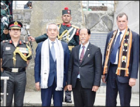Nagaland CM Neiphiu Rio with Ambassador of Japan to India, Kenji Hiramatsu and British High Commissioner to India, Dominic Anthony Gerard Asquith at the 75th anniversary of Battle of World War II on April 4 at RCEMPA Jotsoma. The commemoration brought together, countries and people whose lives were forever altered by it, under the theme -‘Remembrance, Reconciliation, Rebirth.’ (DIPR Photo)