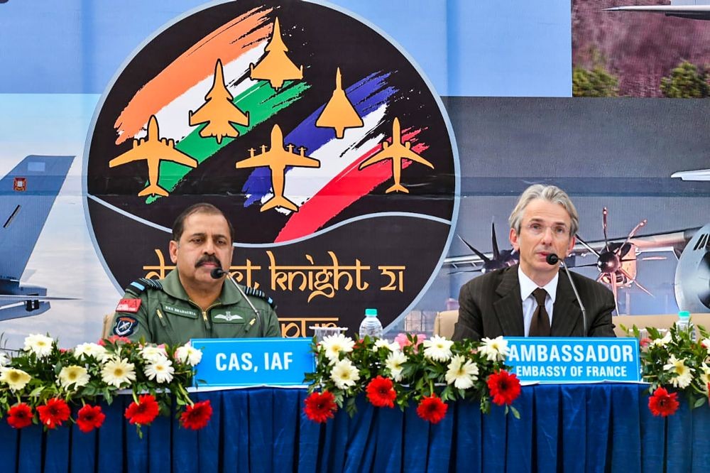 Jodhpur: Chief of Air Staff Rakesh Kumar Singh Bhadauria with Ambassador of France to India Emmanuel Lenain during a joint air force exercise between India and France, codenamed Desert Knight-21, at Jodhpur air force station, Saturday, Jan. 23, 2021. (PTI Photo)