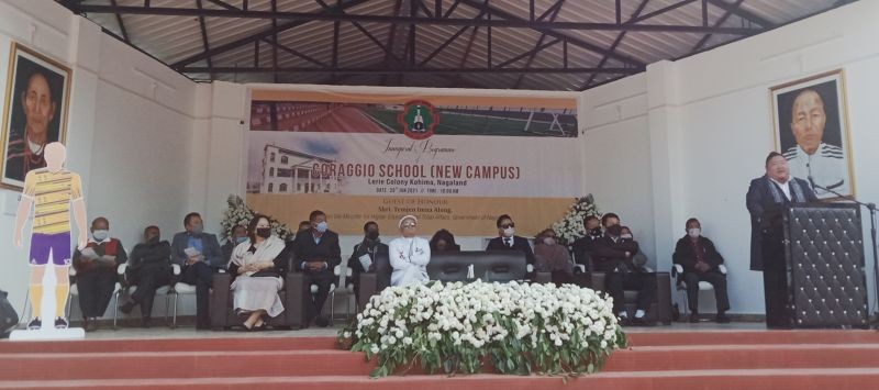 Temjen Imna Along addressing the inaugural programme of the new campus of Coraggio School Kohima on January 25. (Morung Photo)