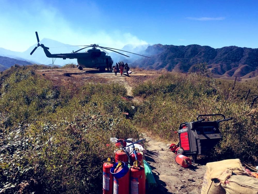 IAF helicopters continued with fire fighting operations at DzÃ¼kou valley and ferried 3310 kgs of equipment along with NDRF personnel from Jakhama on January 6. (Photo Courtesy: Twitter/@prodefkohima)