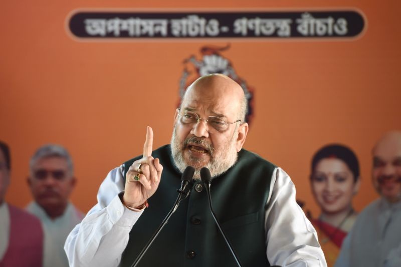 New Delhi: Union Home Minister Amit Shah addresses a public meeting in West Bengal via video conferencing, in New Delhi, Sunday, Jan, 31, 2021. (PTI Photo/Shahbaz Khan)