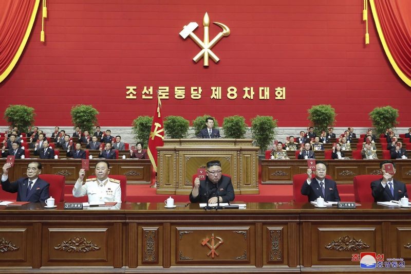 In this photo provided by the North Korean government, North Korean leader Kim Jong Un, center, attends a ruling party congress in Pyongyang, North Korea on January 5, 2021. (AP/PTI File Photo)