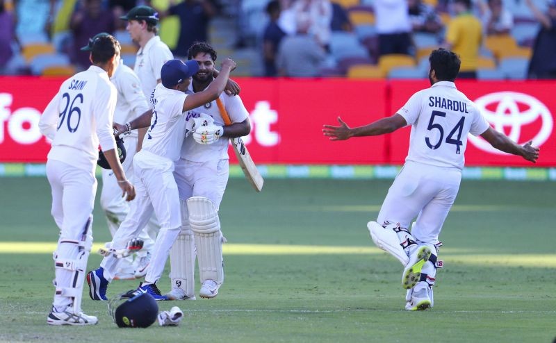 Indian players celebrate after defeating Australia by three wickets on the final day of the fourth cricket test at the Gabba, Brisbane, Australia on January 19, 2021.India won the four test series 2-1.  (AP/PTI)