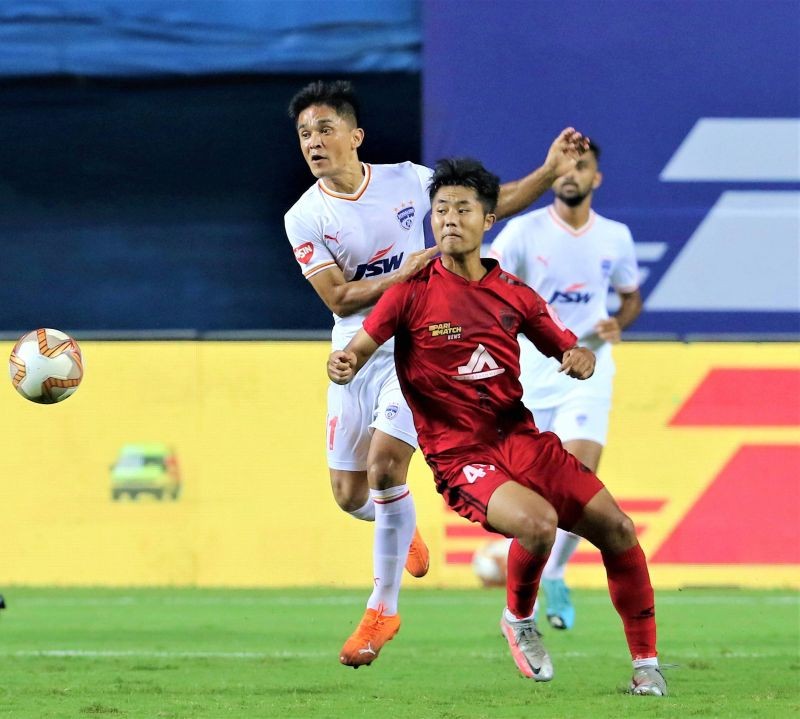 Goa: Lalengmawia of NorthEast United FC and Sunil Chhetri of Bengaluru FC in action during the 7th season of the Hero Indian Super League between NorthEast United FC and Bengaluru FC at the Tilak Maidan Stadium in Goa, Tuesday, Jan. 12, 2021. (PTI Photo/Sportzpics for ISL)