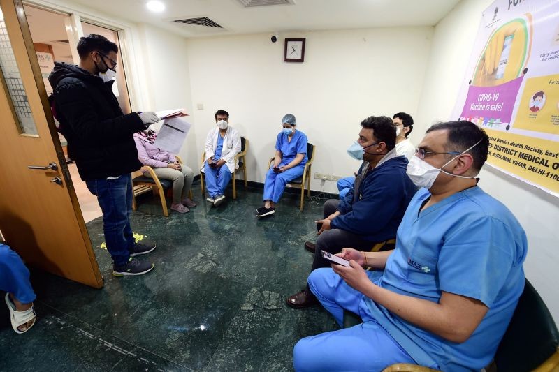 New Delhi: Health workers wait at Max Hospital ahead of the COVID -19 vaccination drive in New Delhi, Saturday, Jan. 16, 2021. (PTI Photo/Kamal Kishore)