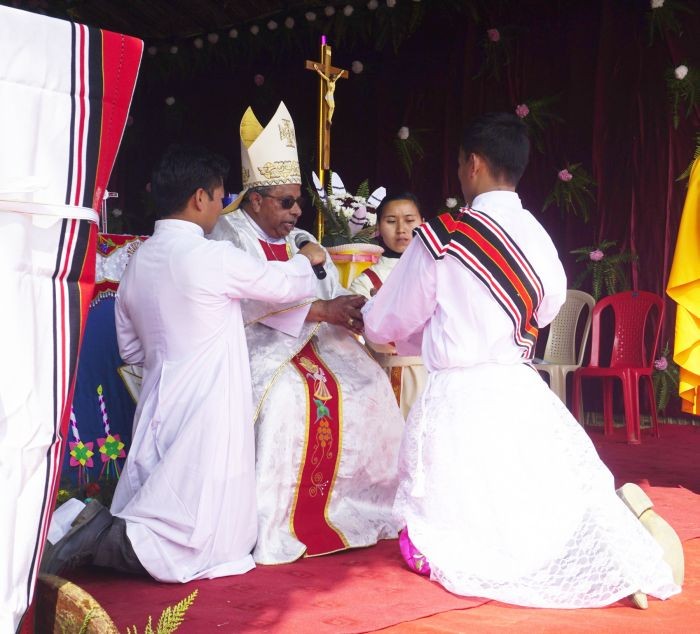 Reverend Deacon Peter Pehiachanglu (Right) being ordained as a priest for the Diocese of Kohima on January 15.