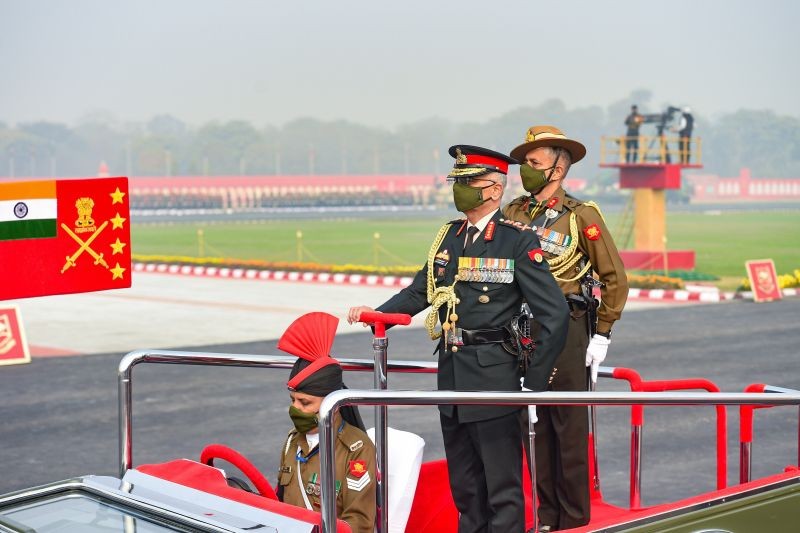 New Delhi: Chief of Army Staff Gen Manoj Mukund Naravane inspects the guard of honour during the 73rd Army Day Parade, at Parade Ground in New Delhi, Friday, Jan. 15, 2021. (PTI Photo/Vijay Verma)