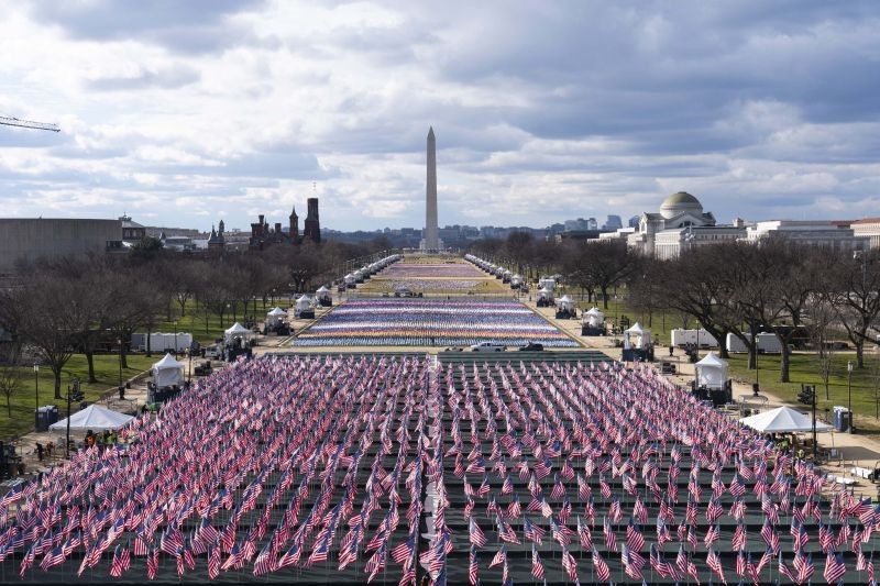 Flags are placed on the National Mall, looking towards the Washington Monument, and the Lincoln Memorial, ahead of the inauguration of President-elect Joe Biden and Vice President-elect Kamala Harris on January 18, 2021, in Washington. (AP/PTI Photo)