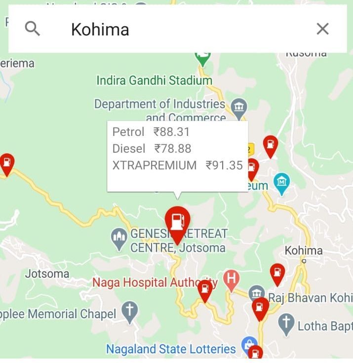 A screenshot of the IndianOil ONE app showing fuel prices in Kohima on January 18. The app is maintained by Indian Oil Corporation Ltd for fuel related needs. (Screenshot/Morung Photo)