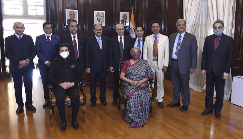 Finance Minister Nirmala Sitharaman, MoS for Finance Anurag Thakur,  Chief Economic Advisor Krishnamurthy Subramanian and others pose for a photograph during the final touches of Union Budget 2021-22, at Finance Ministry in New Delhi on January 31, 2021. (PTI Photo)