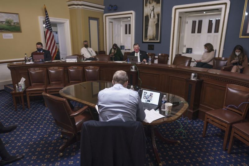 Rep. Jim Jordan, R-Ohio, an ally of President Donald Trump, center, testifies to the House Rules Committee as the panel considers a resolution calling on Vice President Mike Pence to activate the 25th Amendment to declare Trump incapable of executing the duties of his office, at the Capitol in Washington on January 12, 2021. ( AP/PTI Photo)