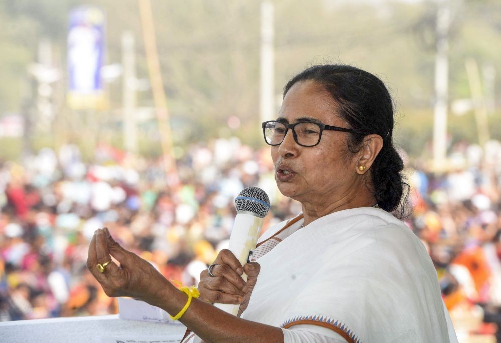 Hooghly: West Bengal Chief Minister Mamata Banerjee addresses a public meeting, at Sahaganj in Hooghly district, Wednesday, Feb. 24, 2021. (PTI Photo)