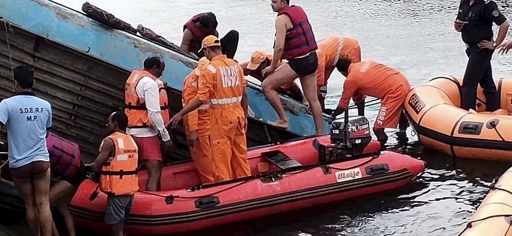 Sidhi: NDRF team carries out rescue operation after an overcrowded bus plunged into a canal in Sidhi district of Madhya Pradesh, Tuesday, Feb. 16, 2021. Around 30 bodies have been recovered from the canal. (PTI Photo)