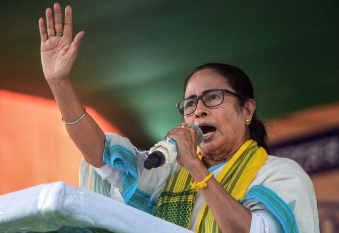 West Bengal Chief Minister Mamata Banerjee addresses a public rally in Alipurduar, on Wednesday. Photograph: West Bengal CMO via PTI Photo