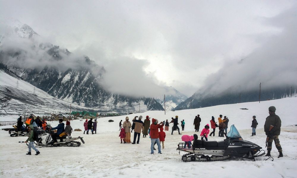 Ganderbal: Tourists during the Sonamarg Winter Festival, at Sonamarg in Ganderbal district, Thursday, Feb. 25, 2021. (PTI Photo)