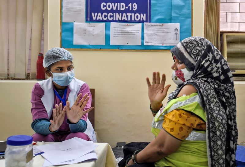 New Delhi: A frontline worker after receiving the dose of Covaxin vaccine, at Sanjeevan Hospital in Daryaganj, New Delhi, Saturday, Feb 20, 2021. (PTI Photo/Kamal Singh)