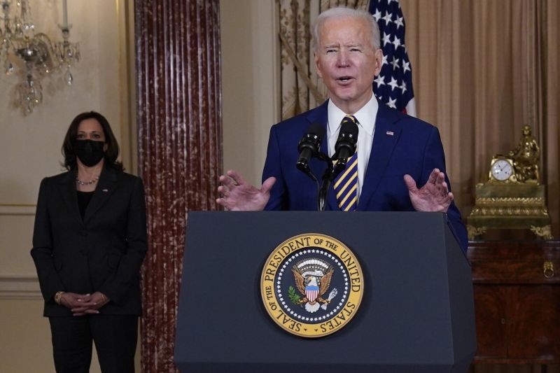 Vice President Kamala Harris, left, looks on as President Joe Biden delivers a speech on foreign policy, at the State Department on February 4, 2021, in Washington. (AP/PTI Photo)