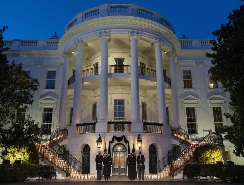 President Joe Biden, first lady Jill Biden, Vice President Kamala Harris, and Doug Emhoff participate in a moment of silence during a ceremony to honor the 500,000 Americans that died from COVID-19, at the White House on February 22, 2021, in Washington. (AP/PTI Photo)