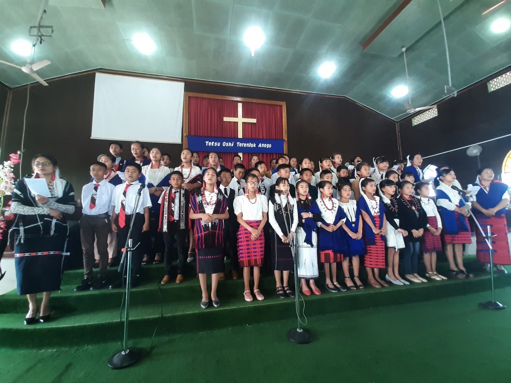 Junior and Intermediate class students of CBC Sunday school presenting a special song on the occasion of International Mother Language Day at Chungtia Baptist Church on February 21.