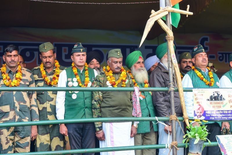 Ex-servicemen join farmers' protest against the new farm laws, at Ghazipur border in New Delhi on February 14, 2021. (PTI Photo)