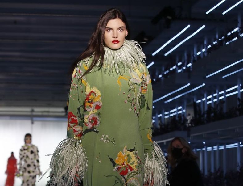 Milan : A model wears a creation as part of the Daniel Del Core women's and men's Fall Winter 2021-22 collection, unveiled during the Fashion Week in Milan, Italy, Wednesday, Feb. 24, 2021. AP/PTI