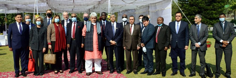 JAmmu: Lt. Gov. Manoj Sinha pose for a group photograph with  foreign envoys, who are on a two-day visit to Jammu and Kashmir, in Jammu, Thursday, Feb. 18, 2021. (PTI Photo)