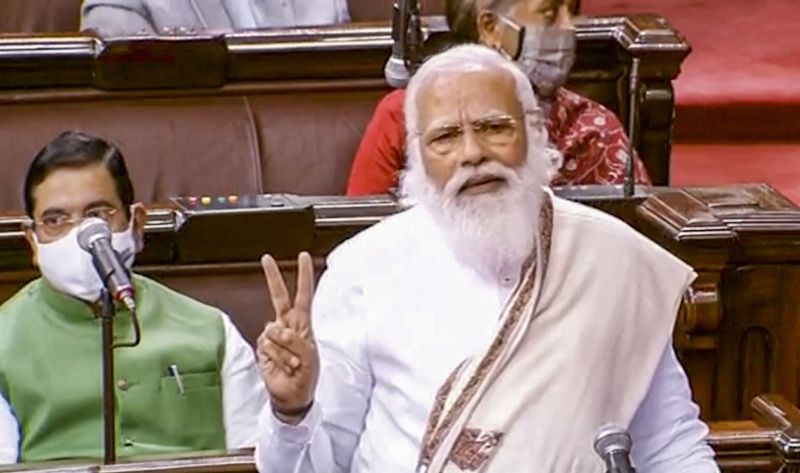 Prime Minister Narendra Modi speaks in the Rajya Sabha during ongoing Budget Session of Parliament, in New Delhi on February 8. (PTI Photo)