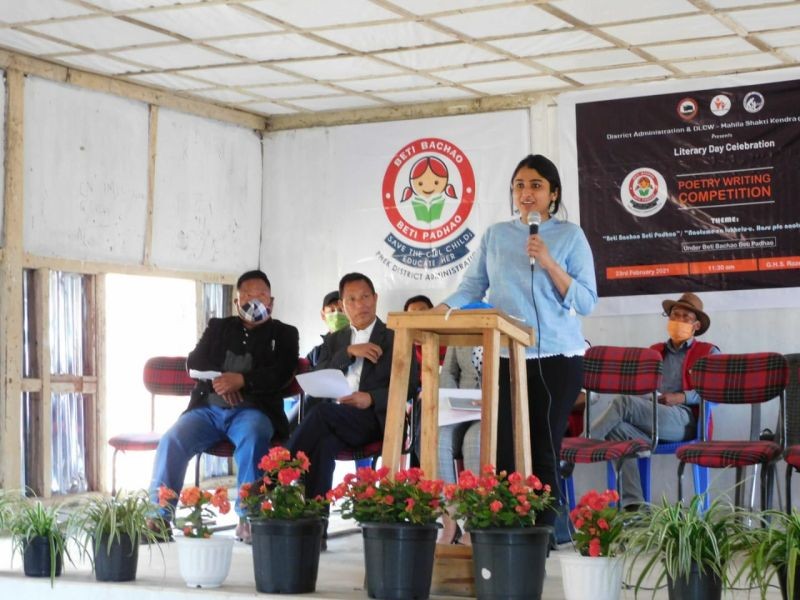 Bhavani Sri speaking at literary day celebration at Razeba on February 23. 