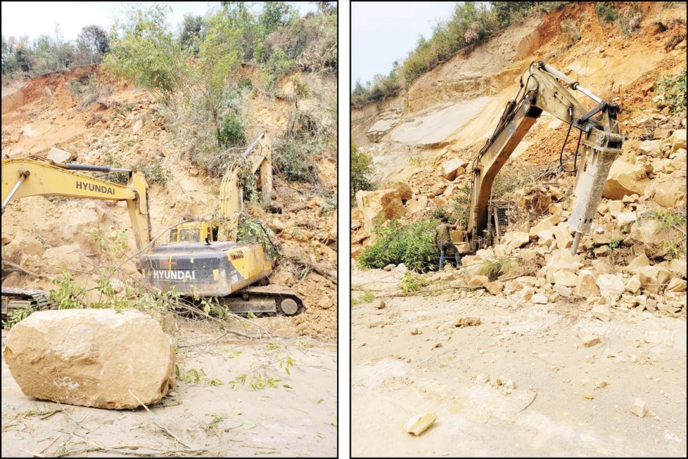 Two excavators (30 feet apart) were partially buried under a mudslide near Pherima (Alato) while undertaking clearance works at the ongoing 4-lane road construction Dimapur to Kohima. The incident happened around 11:50 am on February 27. Injury to any person is yet to be ascertained. However, vehicular traffic is not disturbed on the other side of the lane.