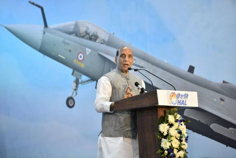 Defence Minister Rajnath Singh addresses during the inauguration of the HAL's new LCA-Tejas Production Line in Bengaluru. (PTI Photo)