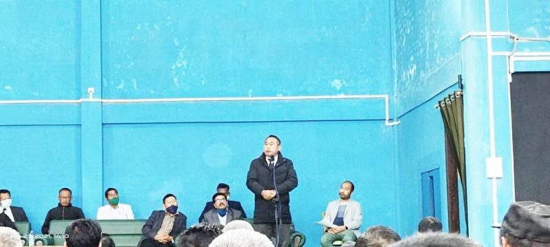 Neiba Kronu addressing the public coordination meeting on Kohima-Jessami two-lane project at Pfutsero on February 23.