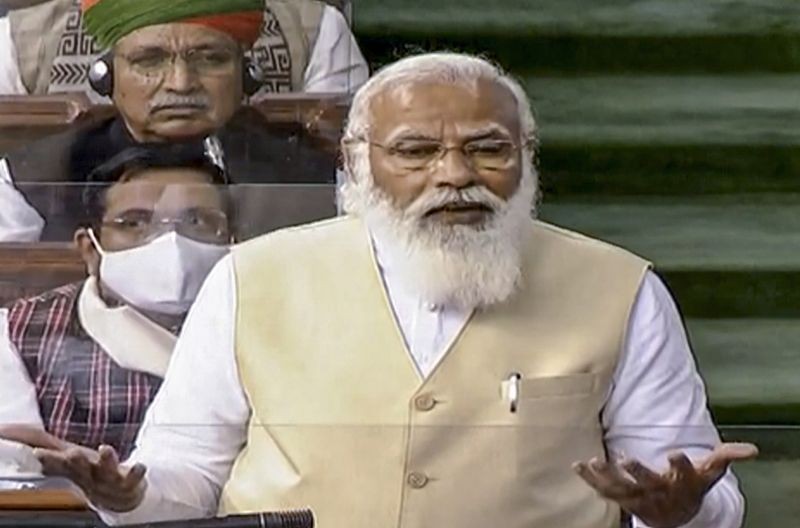 Prime Minister Narendra Modi speaks in the Lok Sabha during the ongoing Budget Session of Parliament, in New Delhi on February 10. (PTI Photo)