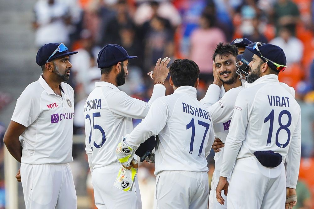 Ahmedabad: Indian team celebrates the dismissal of England's Joe Root on the second day of the 3rd cricket test match between India and England, at Narendra Modi Stadium in Ahmedabad, Thursday, Feb. 25, 2021. (PTI Photo)