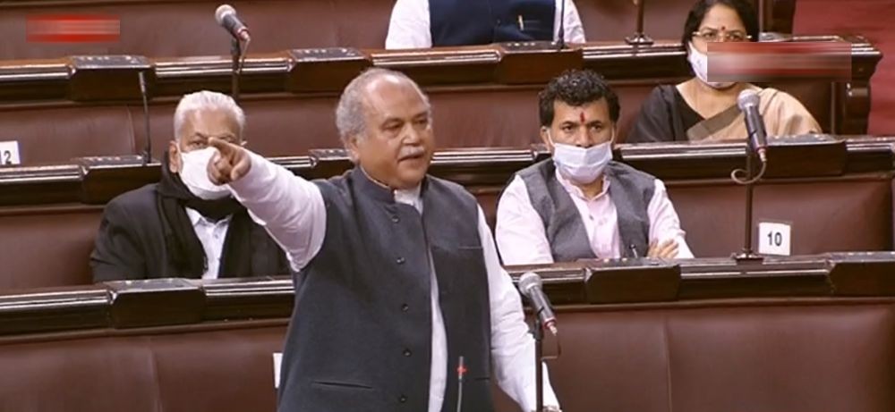 New Delhi: Union Agriculture Minister Narendra Singh Tomar speaks at Rajya Sabha during the ongoing Budget Session of Parliament, in New Delhi, Friday, Feb. 5, 2021. (RSTV/PTI Photo)