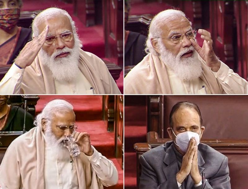 New Delhi: Prime Minister Narendra Modi gets emotional during his farewell speech for Congress leader Ghulam Nabi Azad in the Rajya Sabha during ongoing Budget Session of Parliament, in New Delhi, Tuesday, Feb. 9, 2021. (RSTV/PTI Photo)
