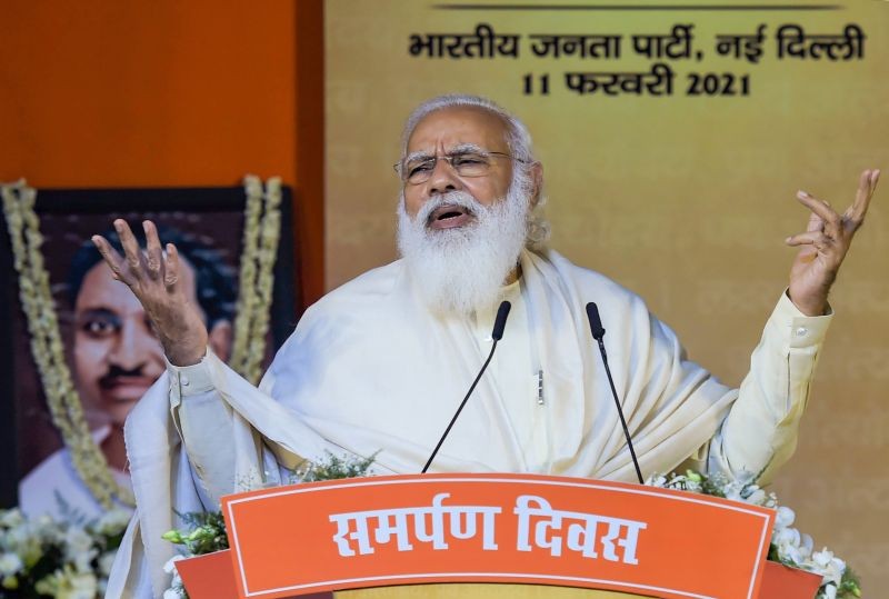 New Delhi: Prime Minister Narendra Modi speaks during 'Samarpan Diwas' event, organised to pay homage to former Bharatiya Jana Sangh leader Pandit Deendayal Upadhyaya on his 53rd death anniversary, in New Delhi, Thursday, Feb. 11, 2021. (PTI Photo/Kamal Singh)