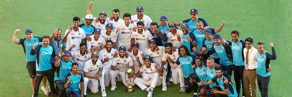 Indian team along with supporting staff poses for a group photo as they celebrate after winning the second cricket test match against England, at M.A. Chidambaram Stadium, in Chennai on February 16. (BCCI/PTI Photo)