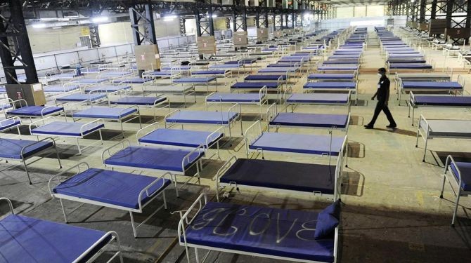 Beds lined up at Nesco COVID care centre, amid concerns over surge in COVID-19 cases, at Goregaon, in Mumbai. Photograph: PTI Photo