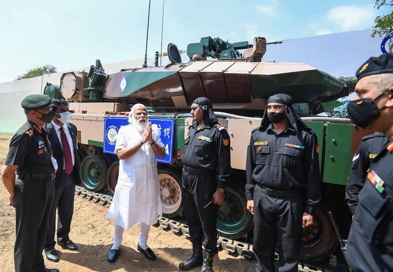 Chennai: Prime Minister Narendra Modi while handing over the indigenously developed Arjun Main Battle Tank (Mark 1A) tanks to the army, in Chennai. (PTI Photo)